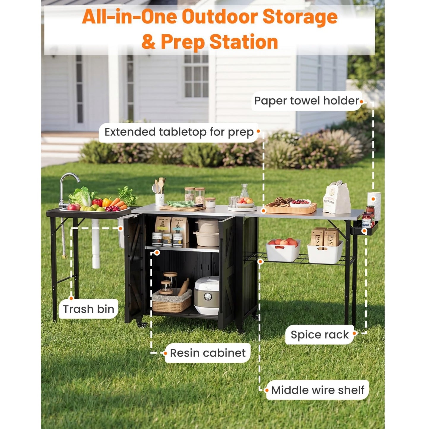 YODOLLA Outdoor Grill Cart Table with Sink, Portable Folding Kitchen Island with Storage Cabinet