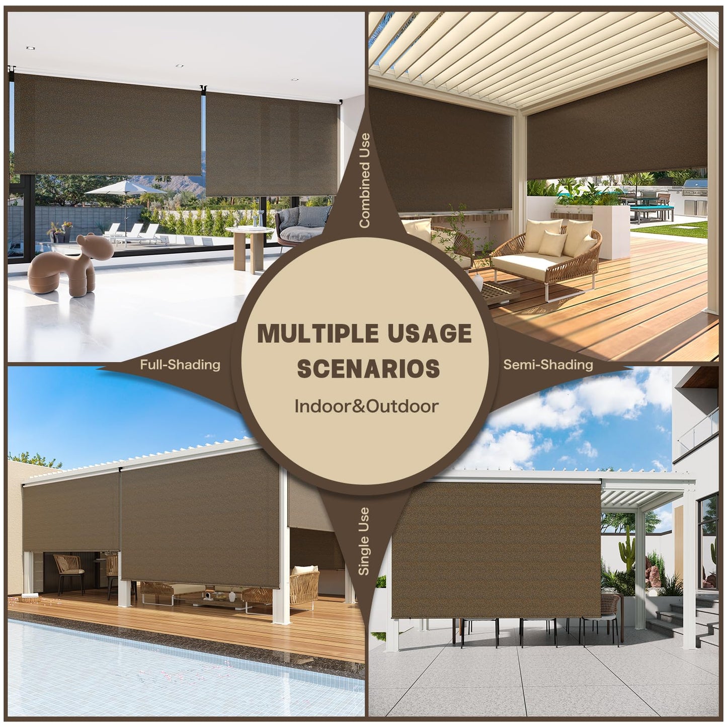 YODOLLA Mocha Outdoor Roller Shade, 220GSM HDPE Cordless Blinds, 99% UV Protection