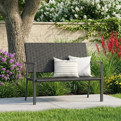 YODOLLA Outdoor Dining Set, Metal Frame Patio 2PCS (Rattan Back Bench+Side Table)