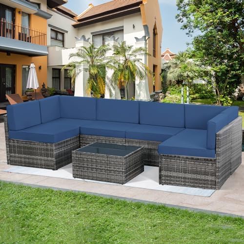 YODOLLA 7 Piece Outdoor Patio Furniture Set with Extra 43'' Fire Pit Table, Grey Rattan & Navy Cushion