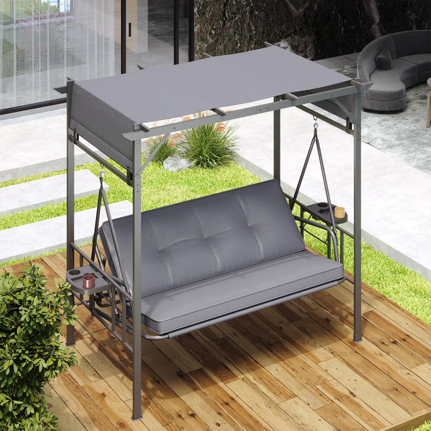 YODOLLA 2-in-1 Convertible Porch Swing Bed 3 Seat, Outdoor Patio Metal Pergola Swing