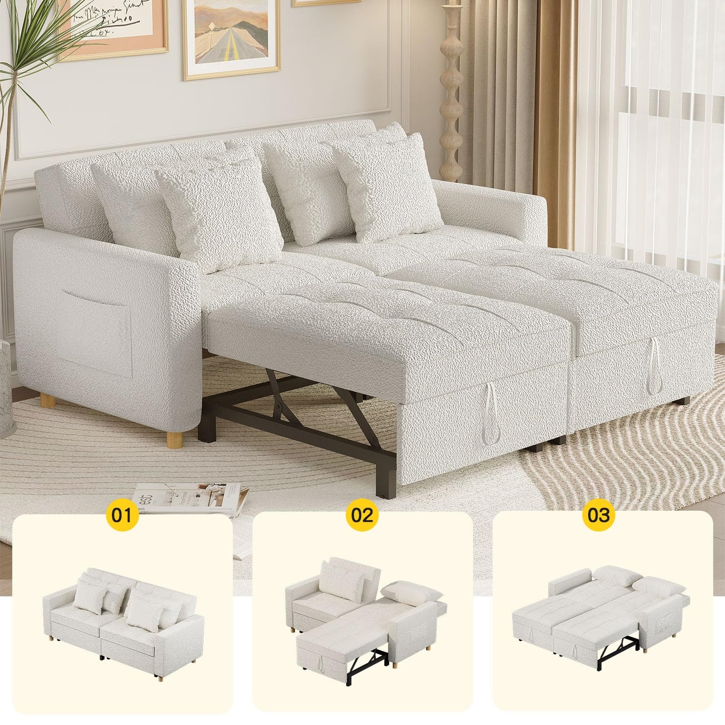 YODOLLA Comfortable 3-1 Convertible Sofa Bed,Teddy White